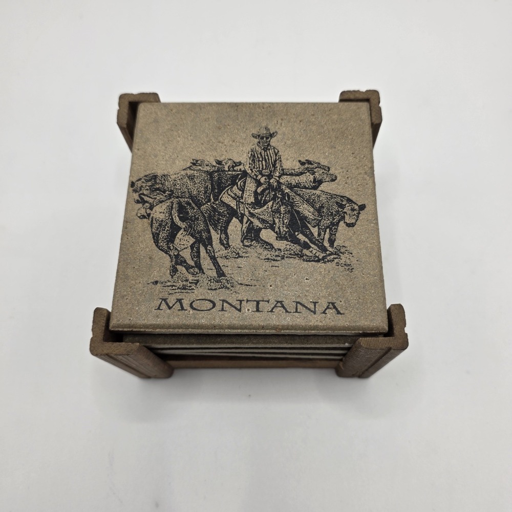 Montana Western‎ Coasters Set of 4 Cowboy Horse Rustic Lodge Decor Wood Holder